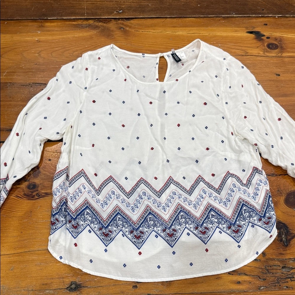 H&M White Blouse with Blue and Red Accents Size 14